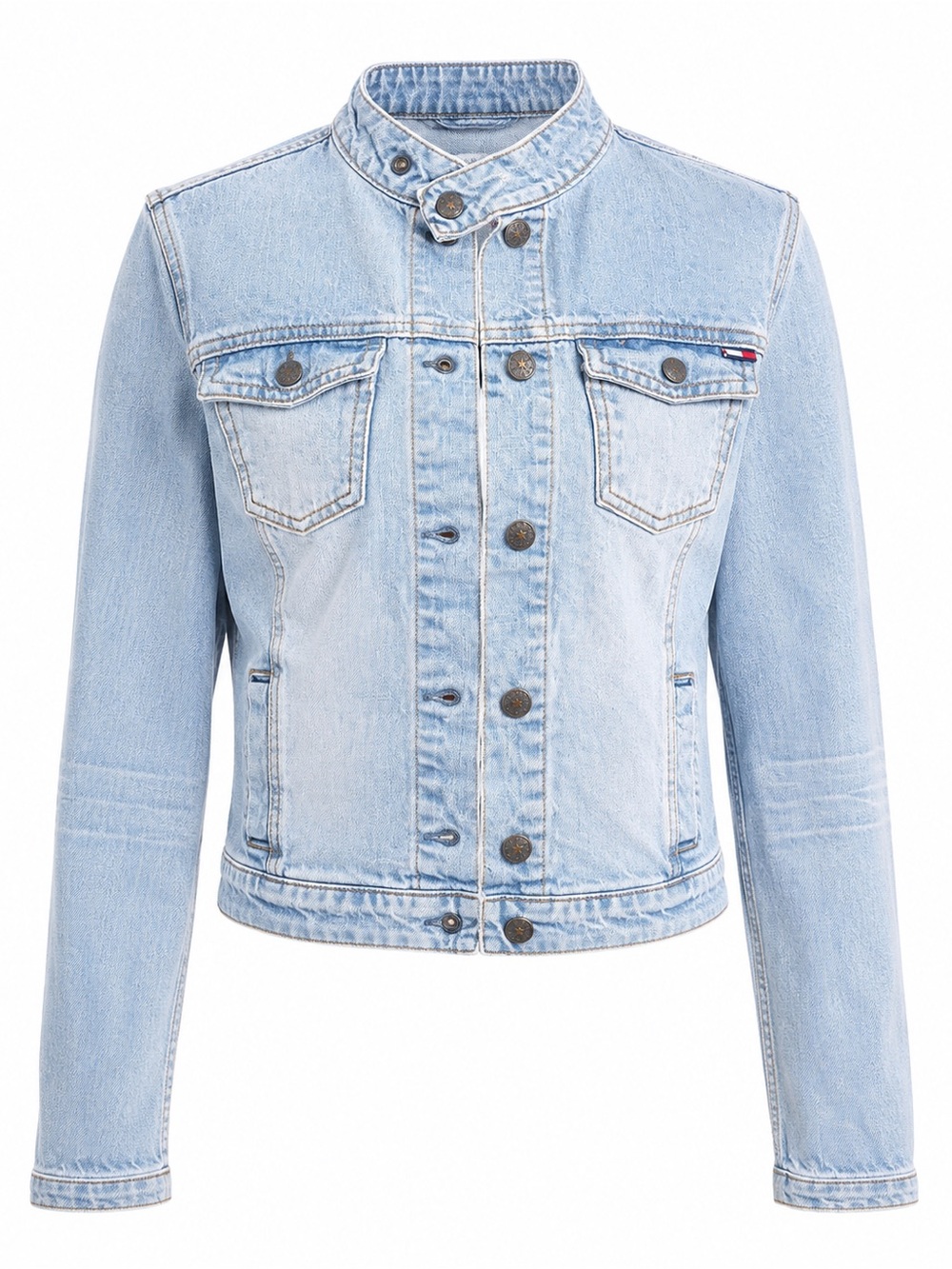 Tommy Jeans Women’s Medium Light Wash Denim Jacket Moto Stand Collar Y2K